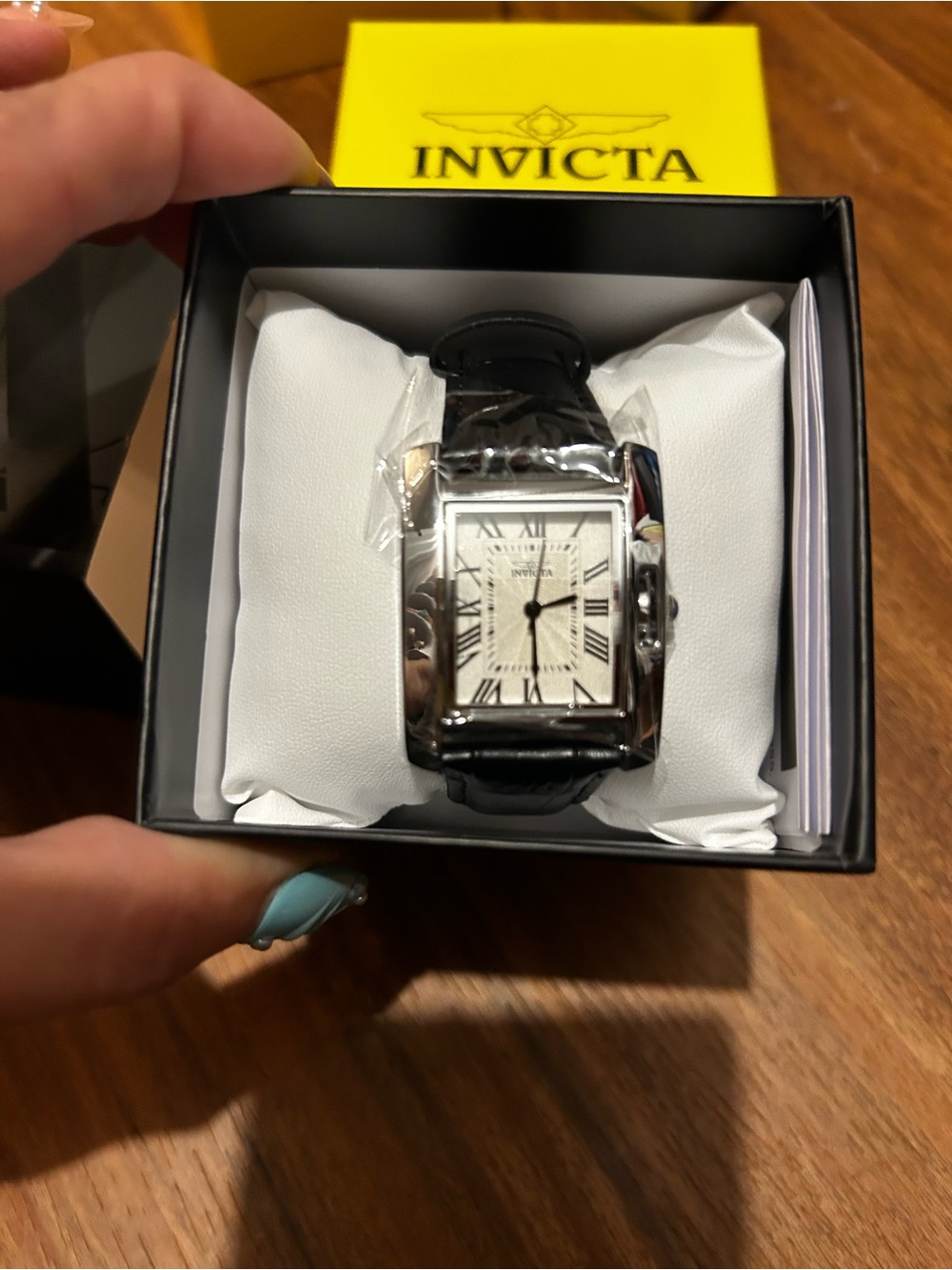 Invicta Women's Black Leather Strap Rectangular Silver Watch